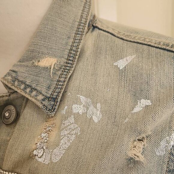 Aeropostale Upcycled Bleached and Distressed Denim Trucker Jacket, "Angel Wings" - Picture 3 of 11